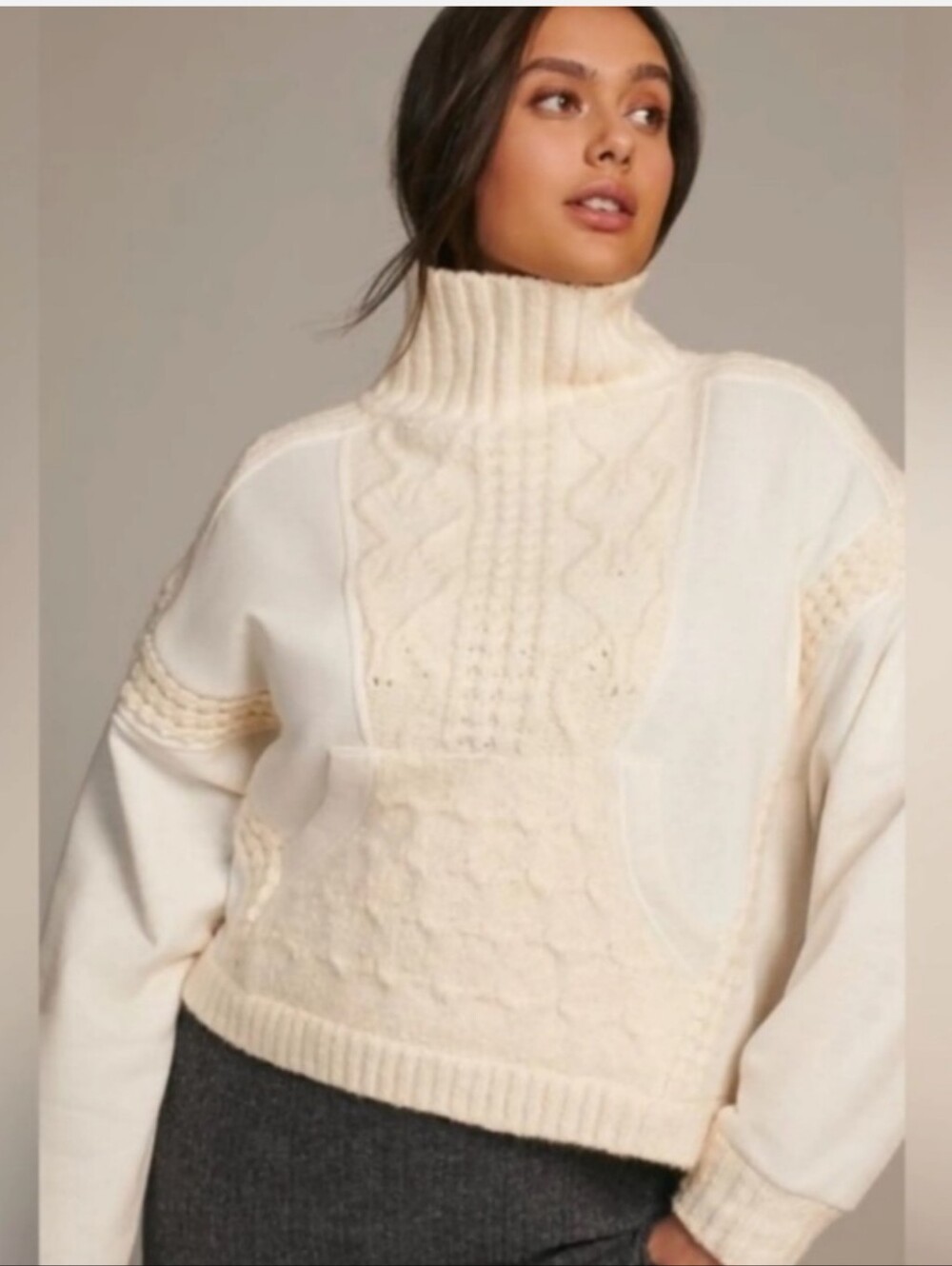 Daily Practice by Anthropologie Cream Mixed Media Cable Knit Sweater Medium